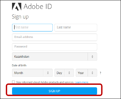 Ввод данных для Adobe id