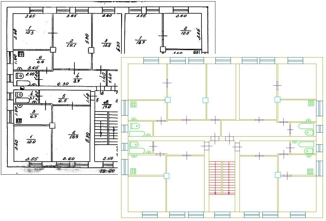 Растровый и распознанный в программе векторный план этажа