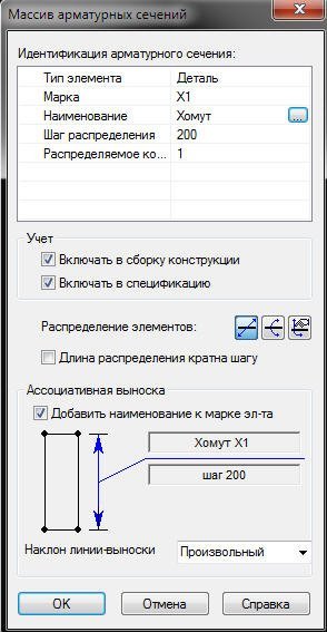 Распределение условного арматурного сечения