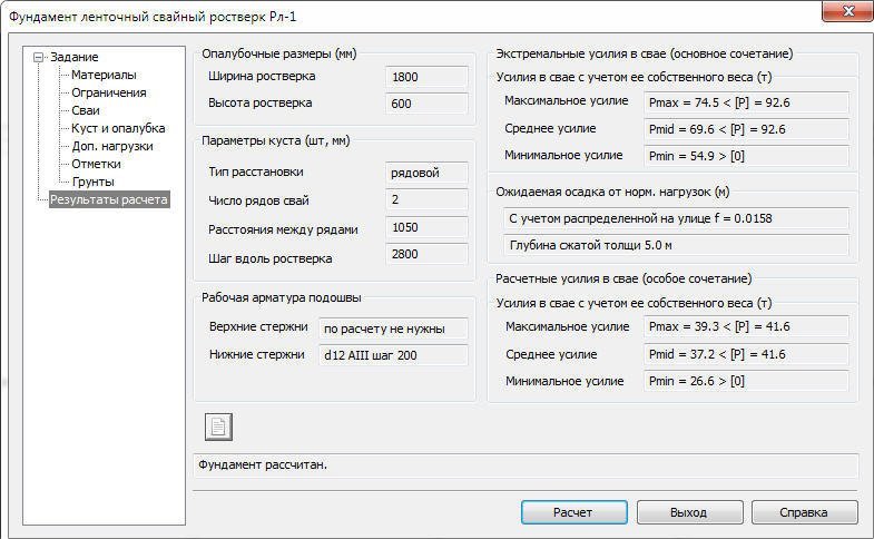 Результаты расчета фундамента
