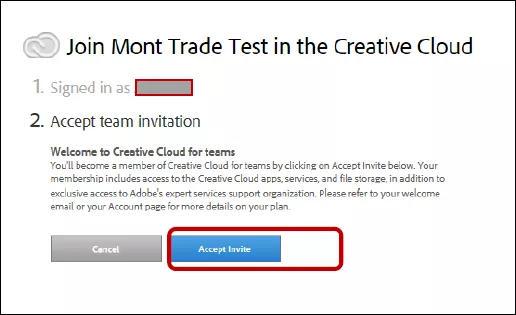 Принятие приглашение Adobe creative cloud
